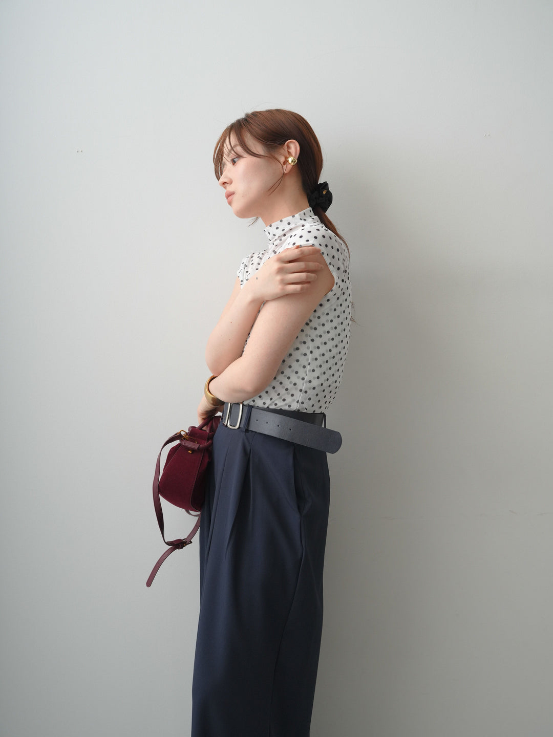 [SET]プチネックドットシアートップス+ダブルバックルベルト付ワイドパンツ(2set)