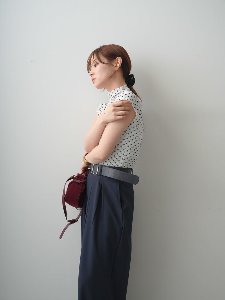 [SET]プチネックドットシアートップス+ダブルバックルベルト付ワイドパンツ(2set)