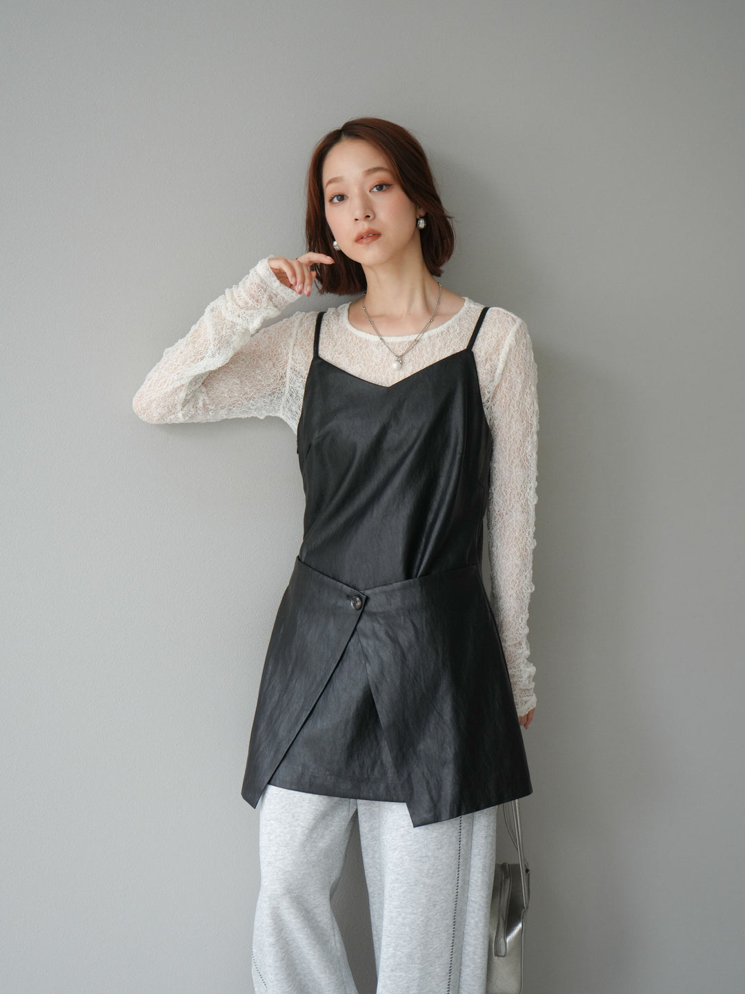 [予約]レイヤードレザーキャミソールチュニック/ブラック