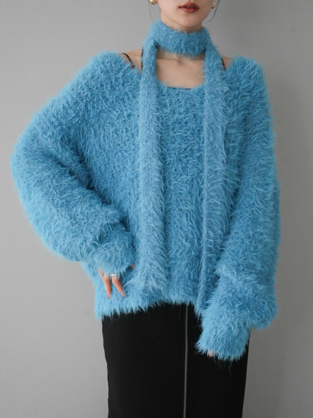 [預訂] 混紡毛絨針織披肩/藍色