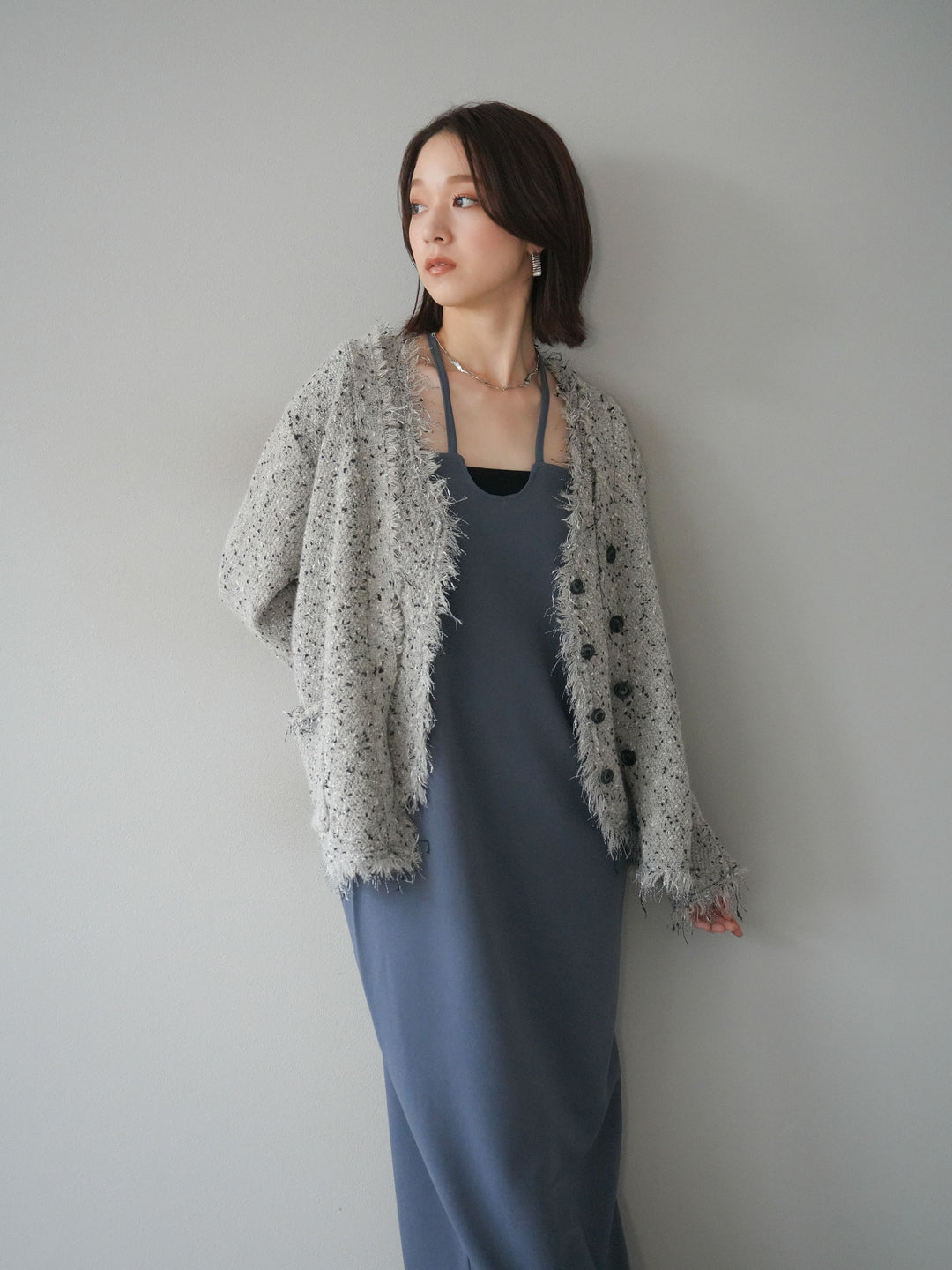 [予約]ネップフリンジニットカーディガン/khaki