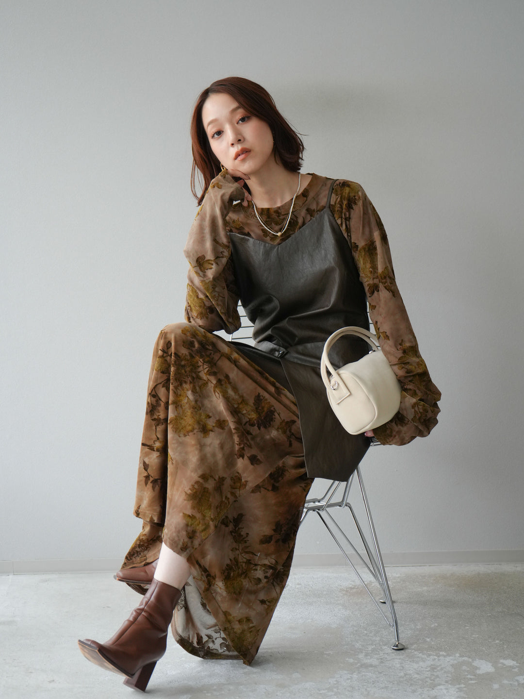 [予約]レイヤードレザーキャミソールチュニック/ブラウン