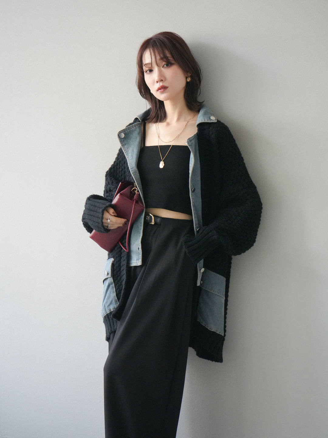 [予約]デニム襟レイヤードニットジャケット/black