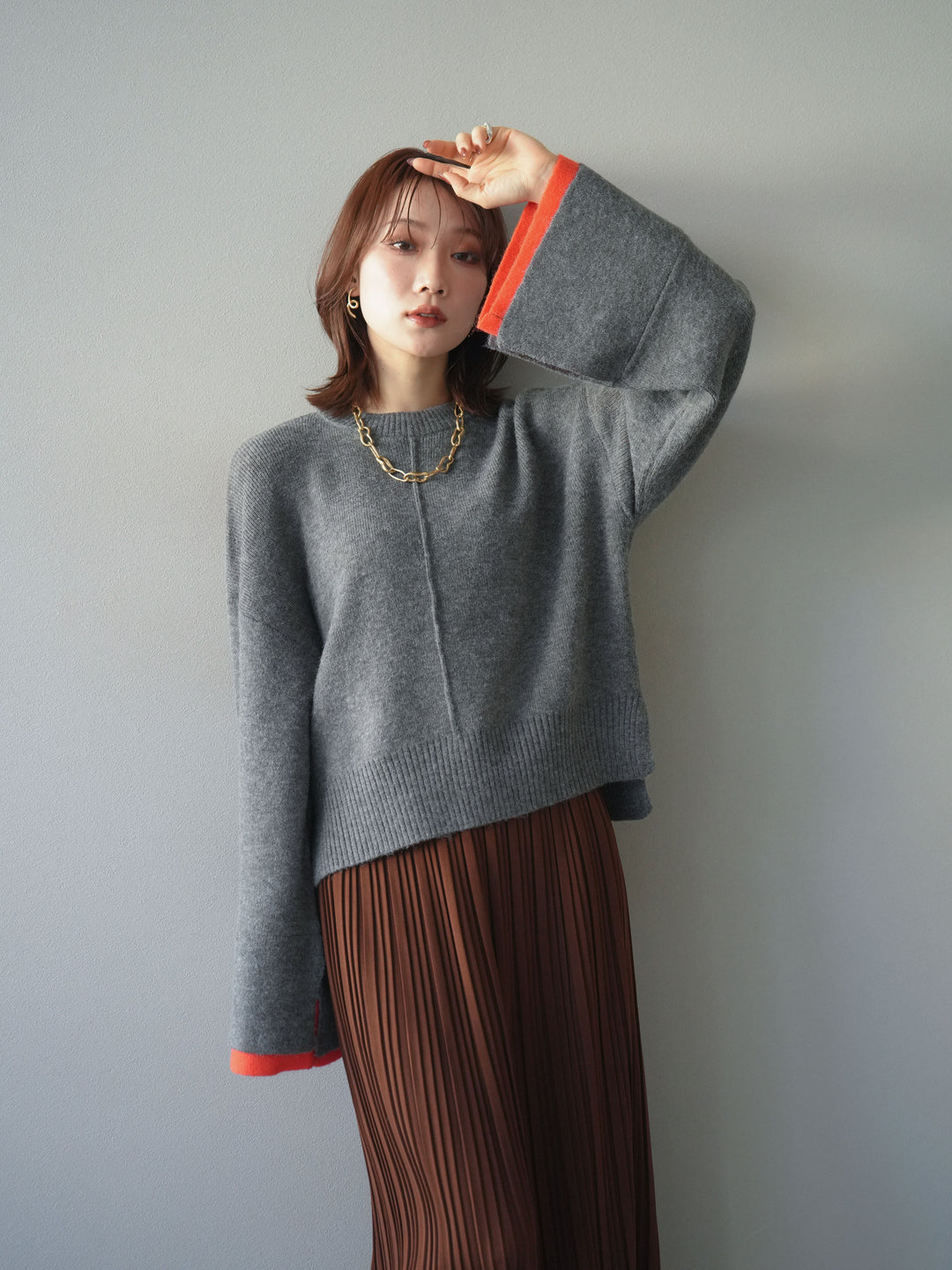 [SET]袖レイヤード配色ニットプルオーバー+プリーツIラインスカート(2set)