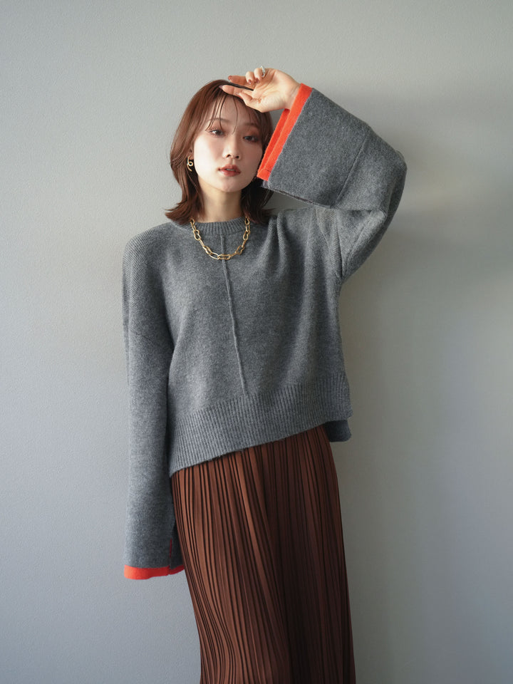 [SET]袖レイヤード配色ニットプルオーバー+プリーツIラインスカート(2set)