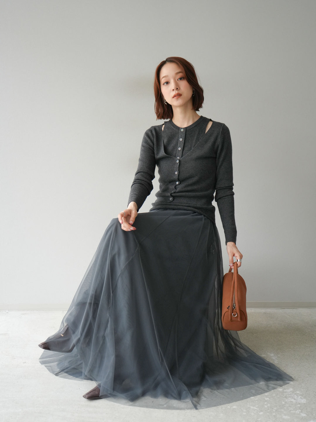 [予約]レイヤードデザインニットカーディガン/チャコール