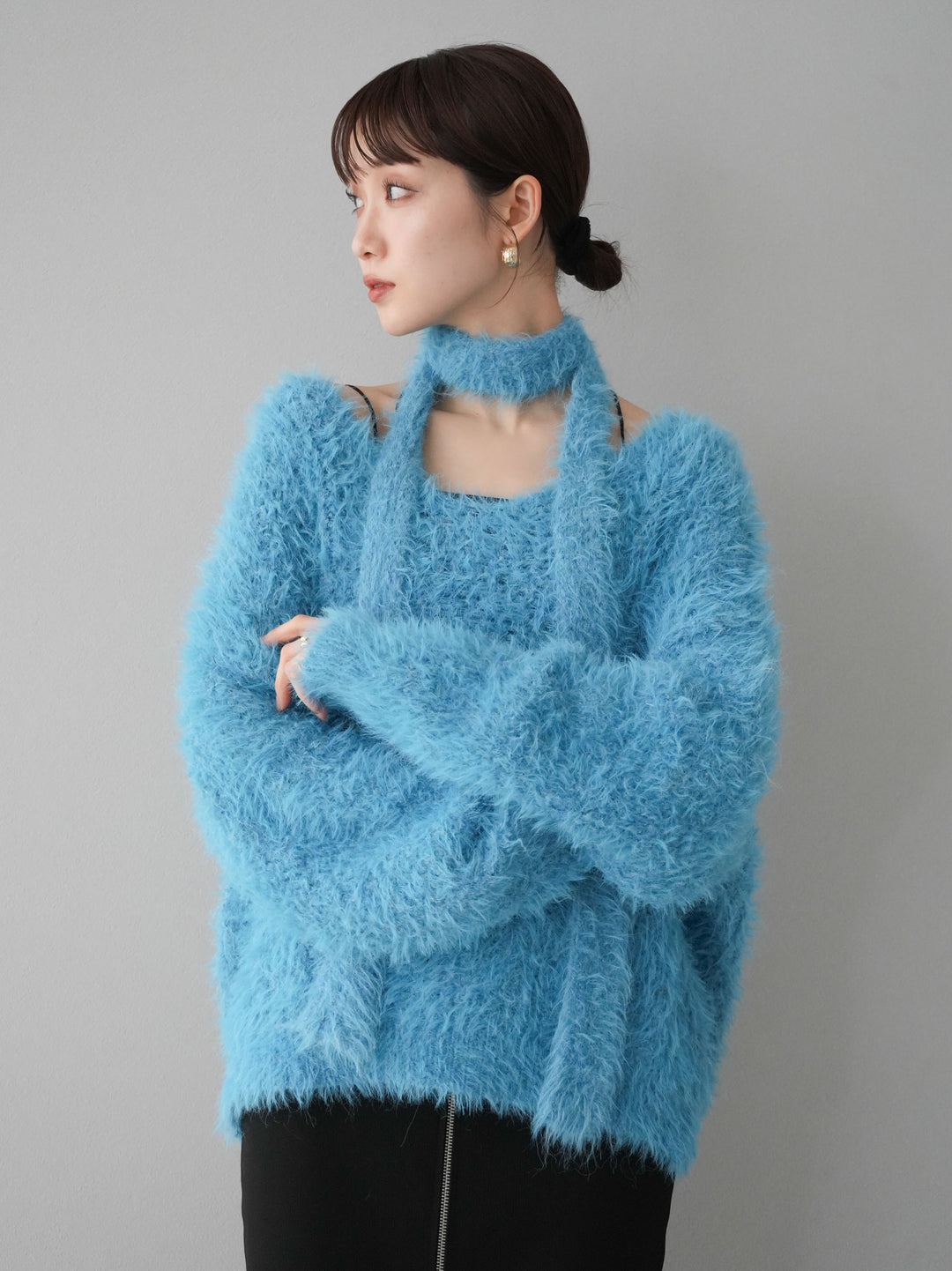 [預訂] 混紡毛絨針織披肩/藍色