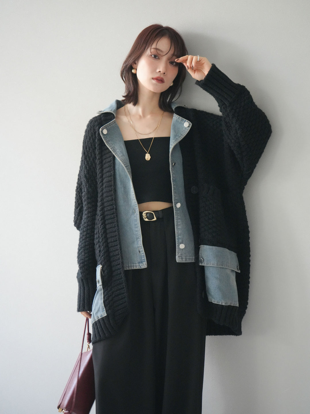 [SET]デニム襟レイヤードニットジャケット+デニム襟レイヤードニットジャケット(2set)