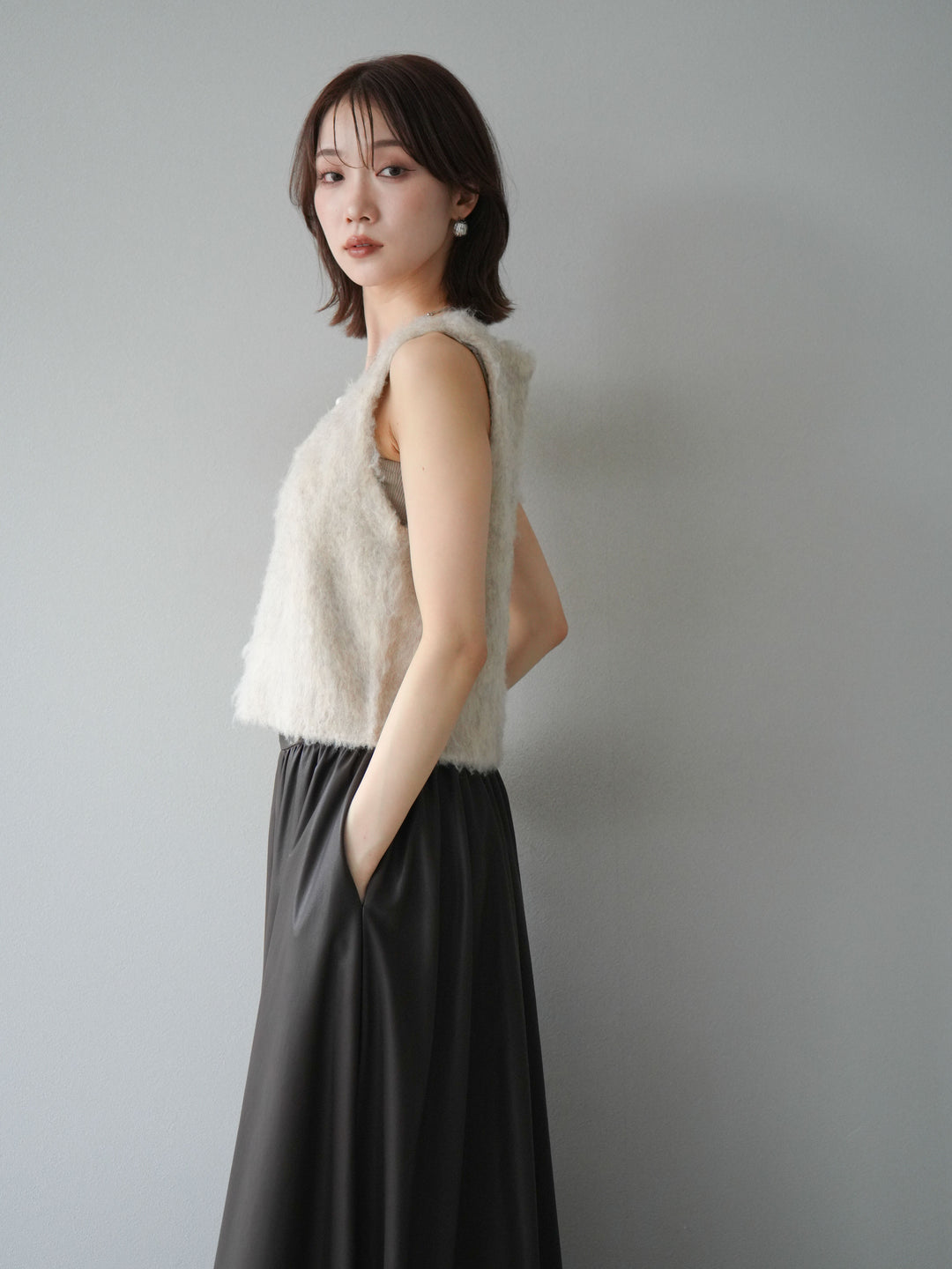 [予約]ミックスシャギーUネックベスト/エクリュ