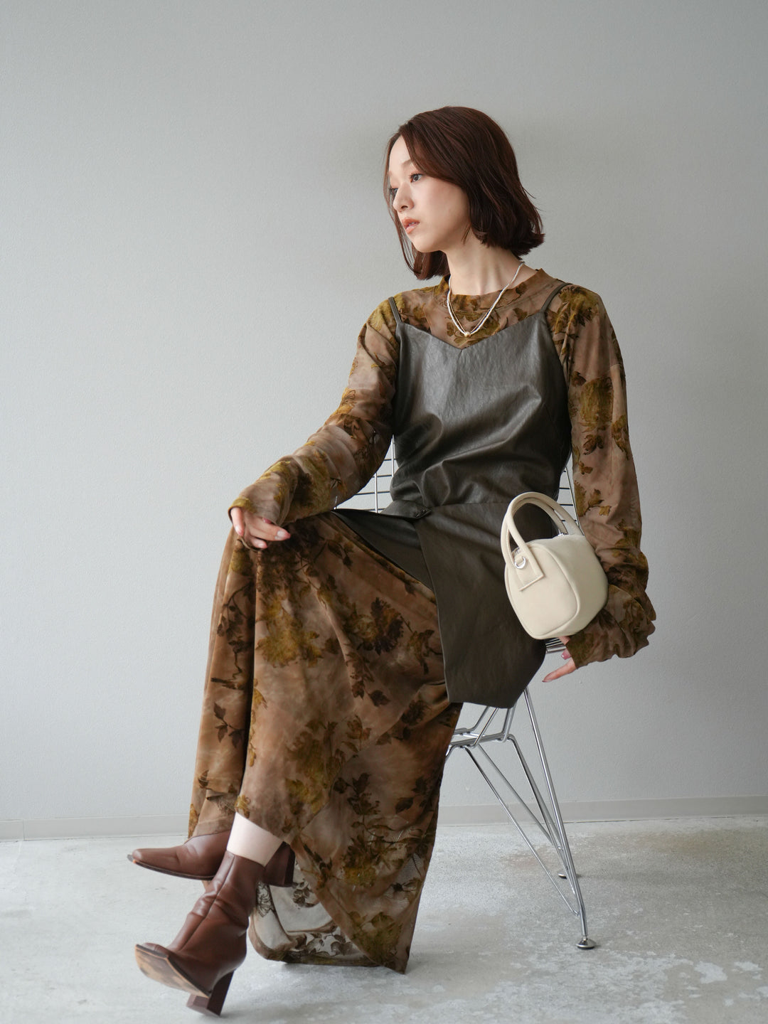 [予約]レイヤードレザーキャミソールチュニック/ブラウン