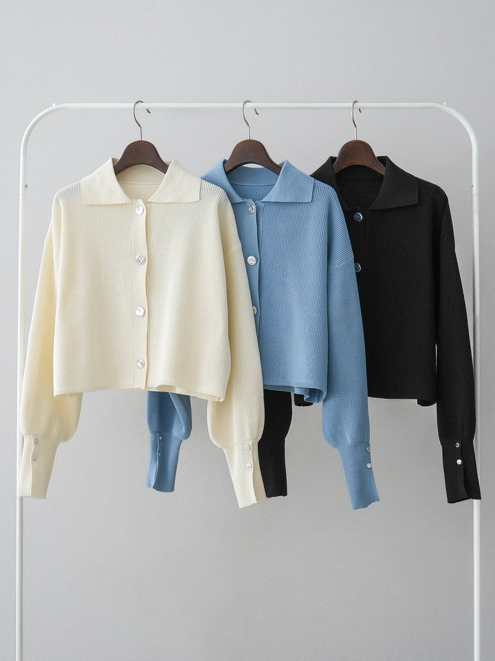 [SET]ボリュームスリーブポロニットカーディガン+フラワーアートプリントタックパンツ(2set)