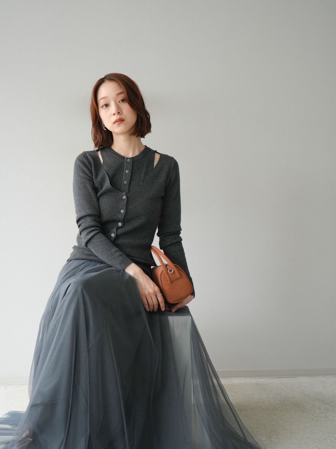 [予約]レイヤードデザインニットカーディガン/チャコール