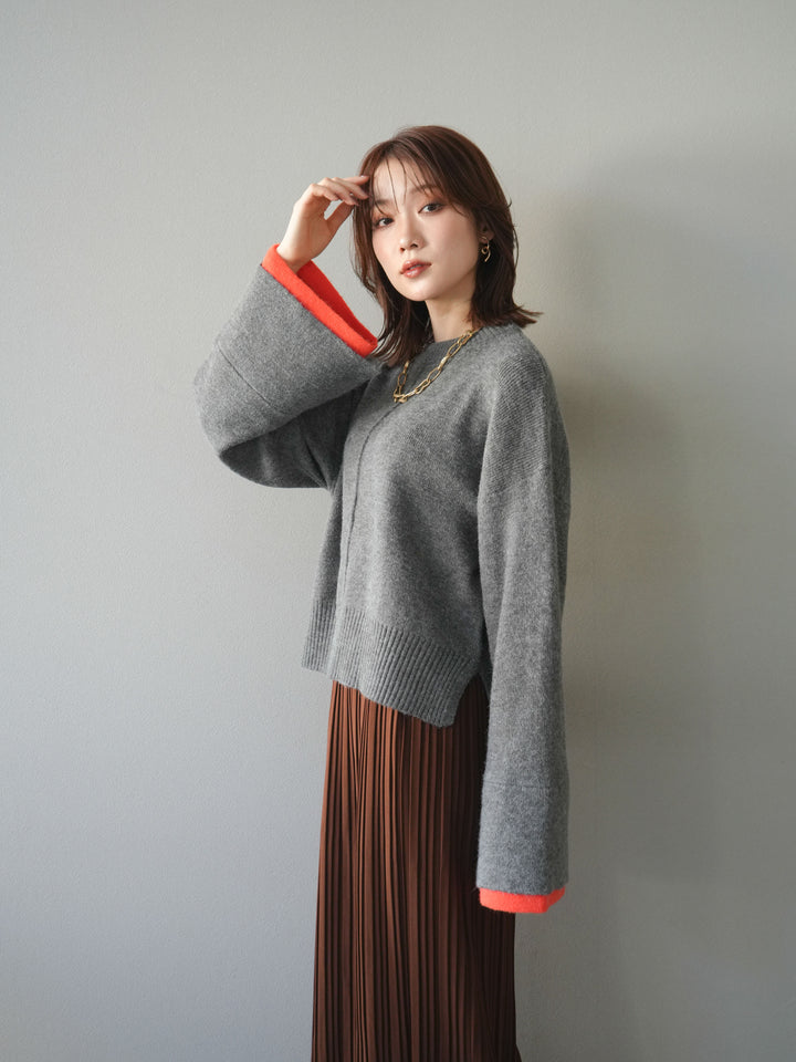 [SET]袖レイヤード配色ニットプルオーバー+プリーツIラインスカート(2set)