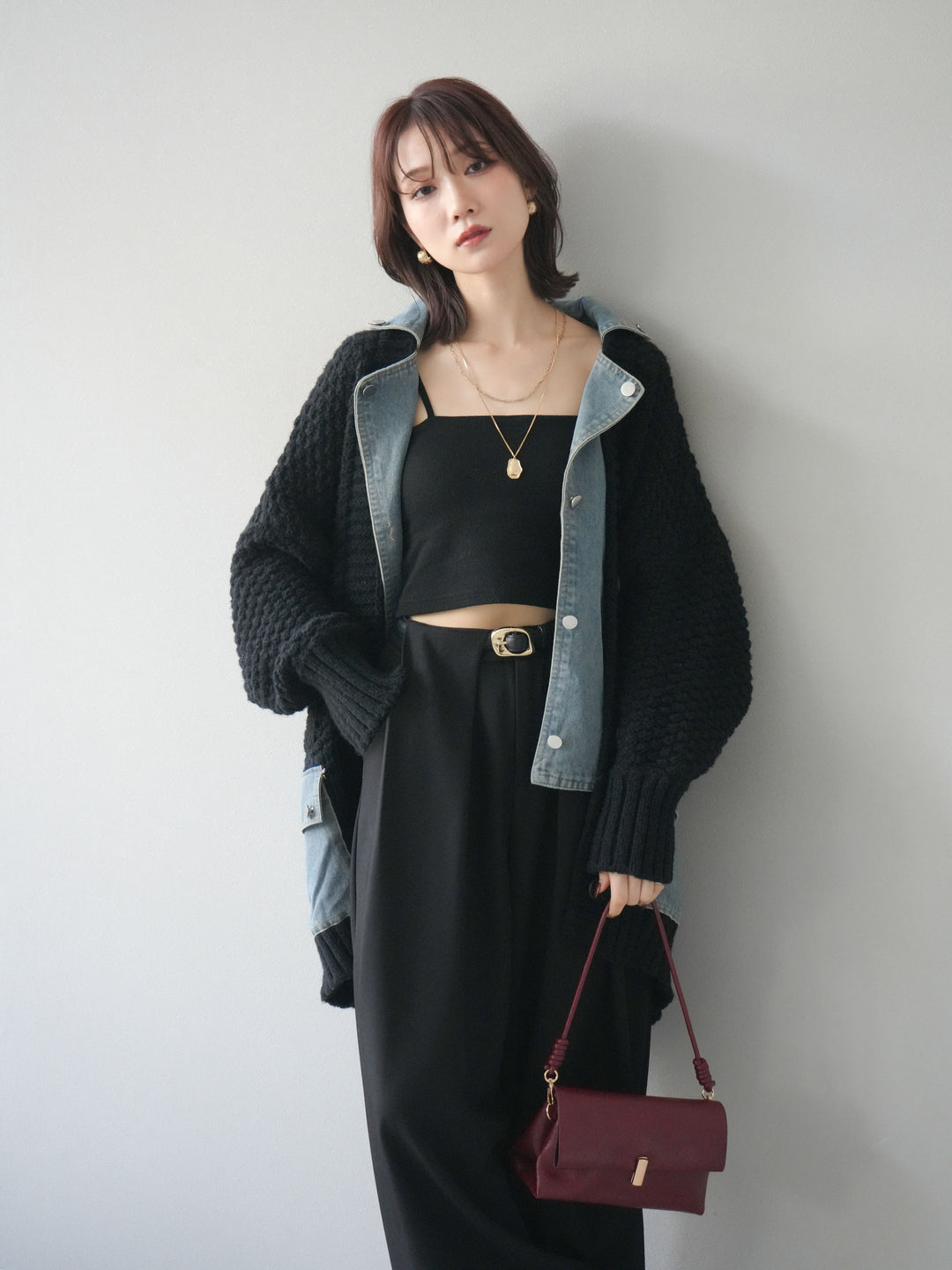 [SET]デニム襟レイヤードニットジャケット+ベルトループデザインワイドパンツ(2set)