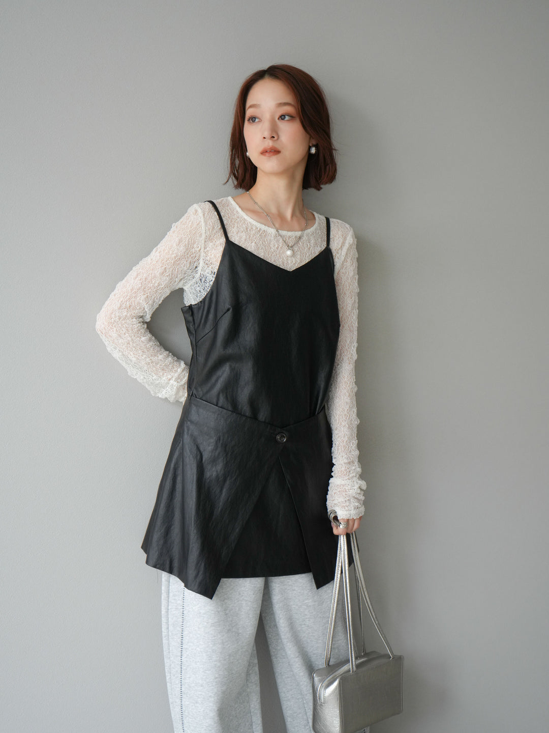 [予約]レイヤードレザーキャミソールチュニック/ブラック