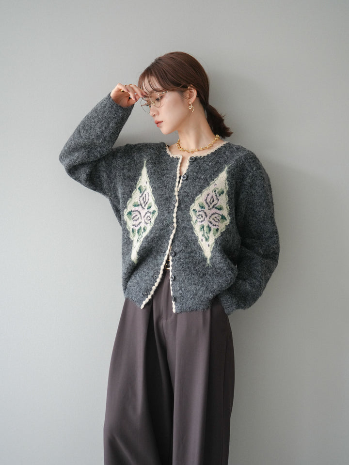 [予約]アンティークフラワージャガードニットカーディガン/charcoal
