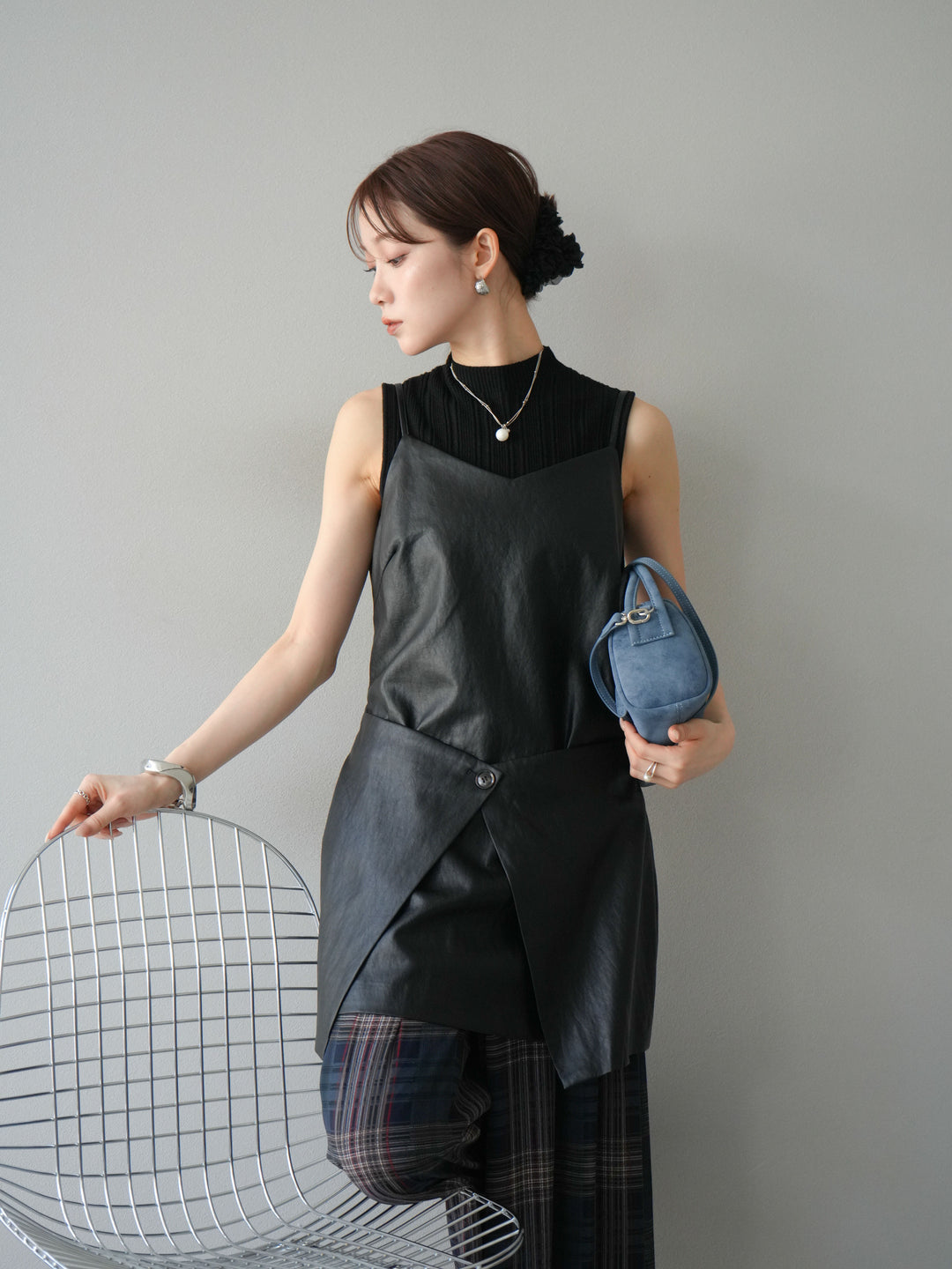 [予約]レイヤードレザーキャミソールチュニック/ブラック