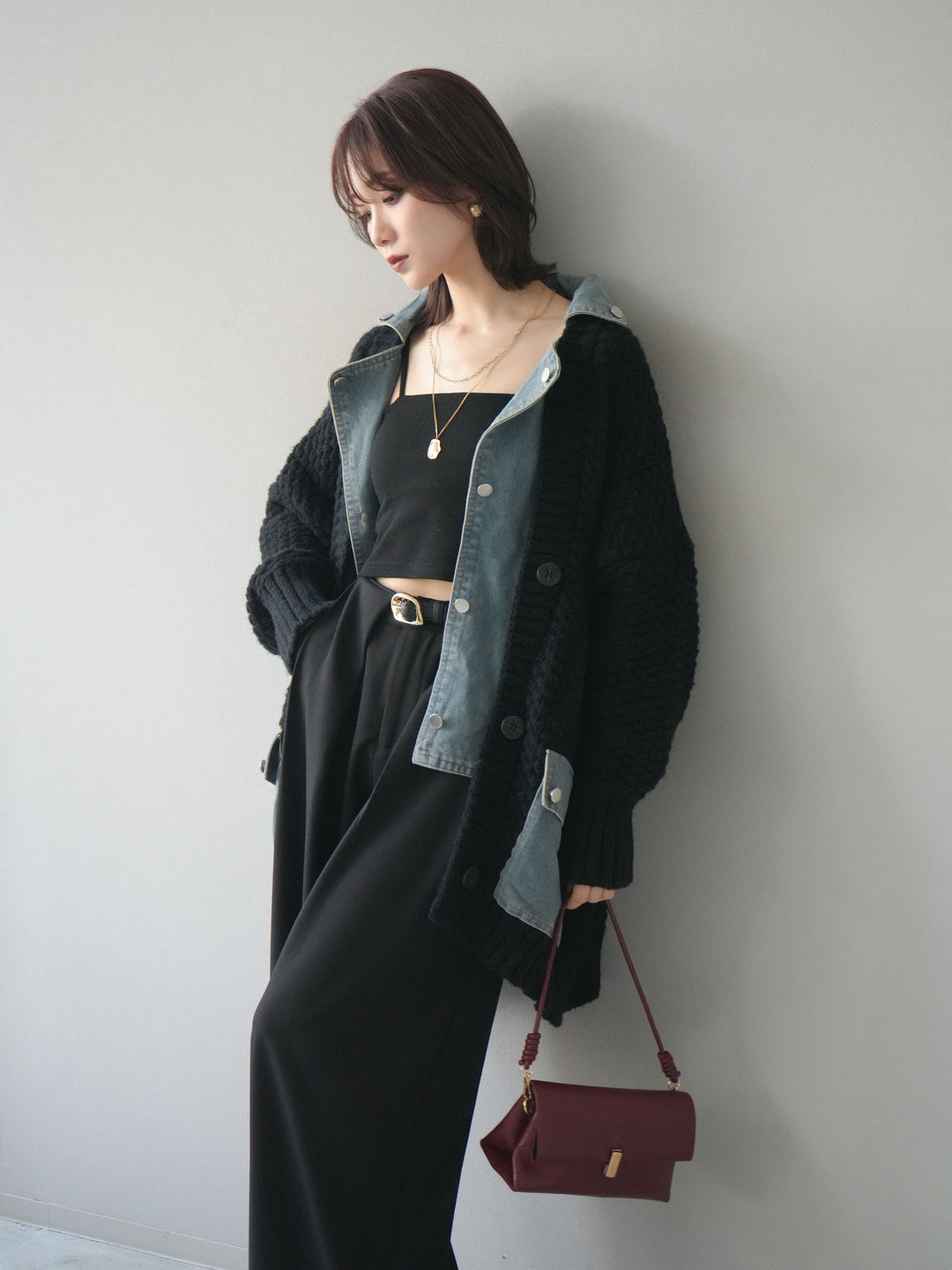 [SET]デニム襟レイヤードニットジャケット+デニム襟レイヤードニットジャケット(2set)