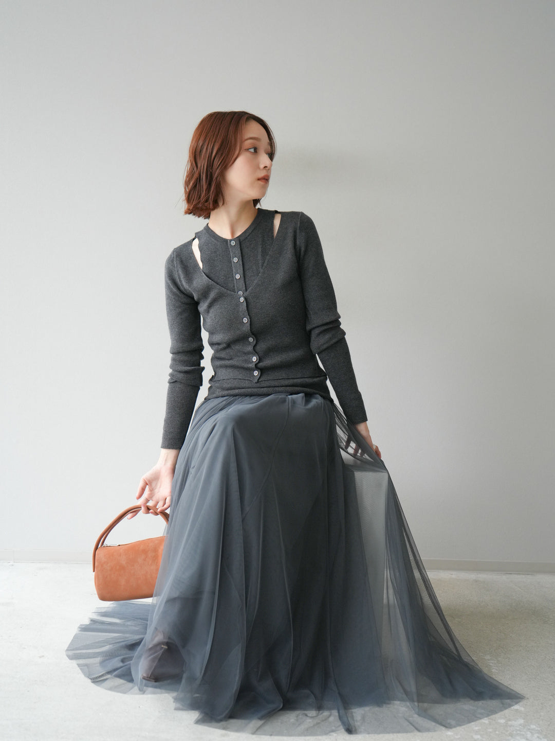 [予約]レイヤードデザインニットカーディガン/チャコール