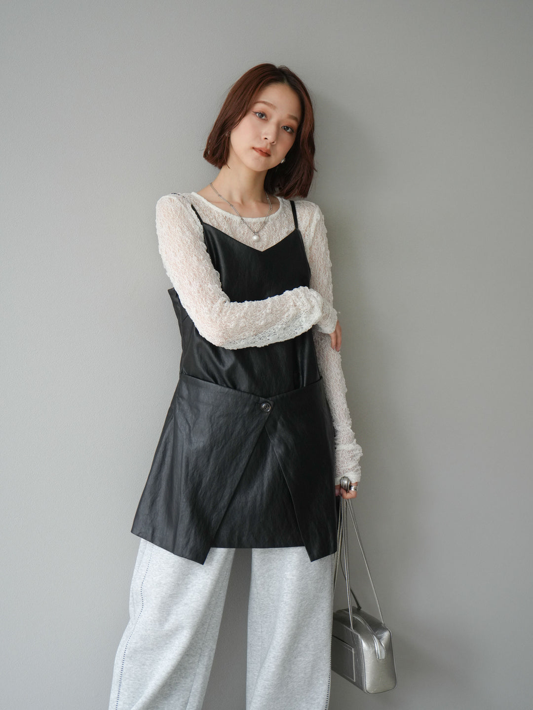 [予約]レイヤードレザーキャミソールチュニック/ブラック
