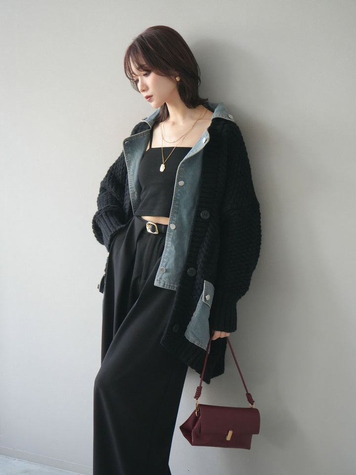 [SET]デニム襟レイヤードニットジャケット+ベルトループデザインワイドパンツ(2set)