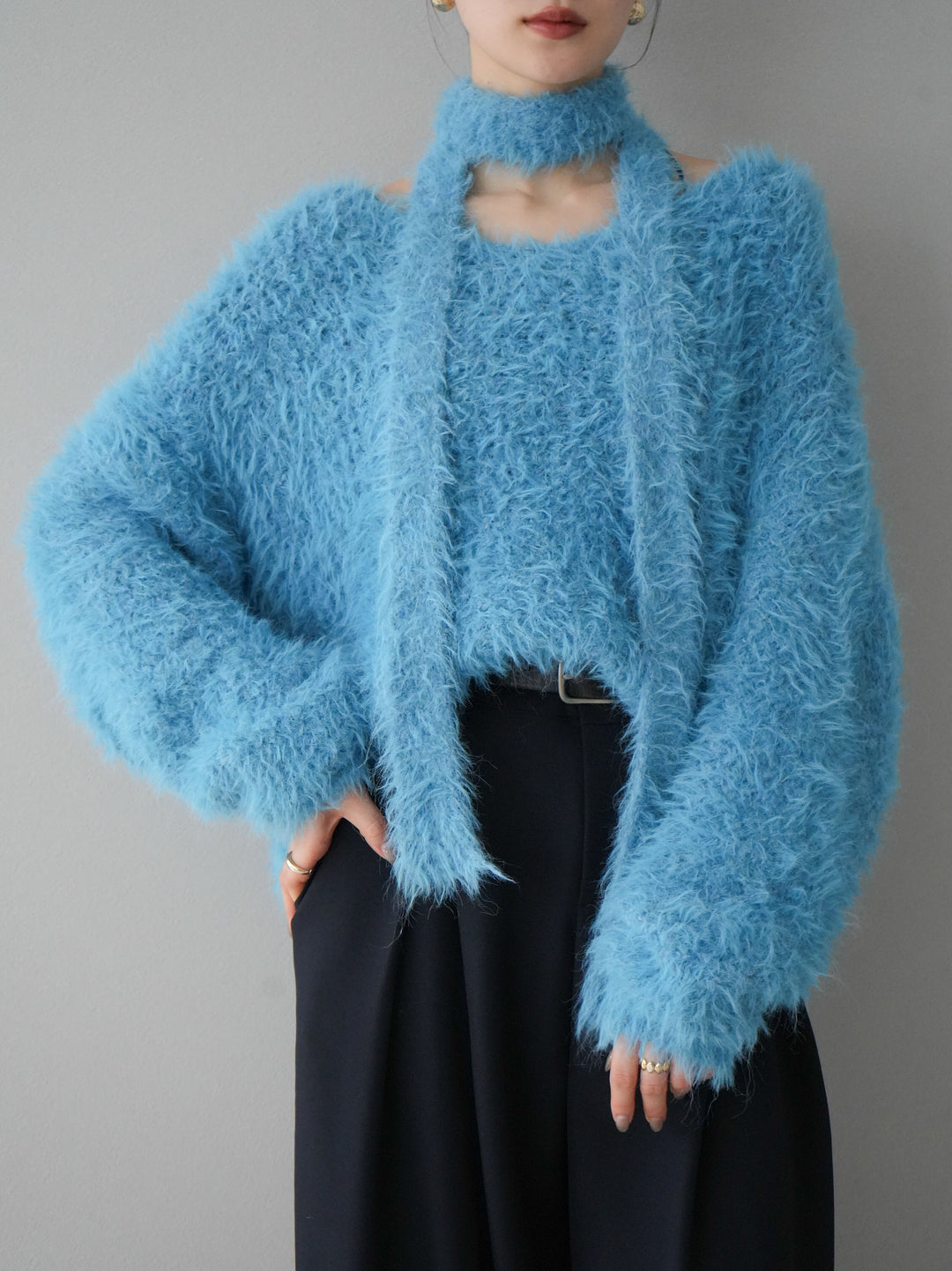 [預訂] 混紡毛絨針織披肩/藍色