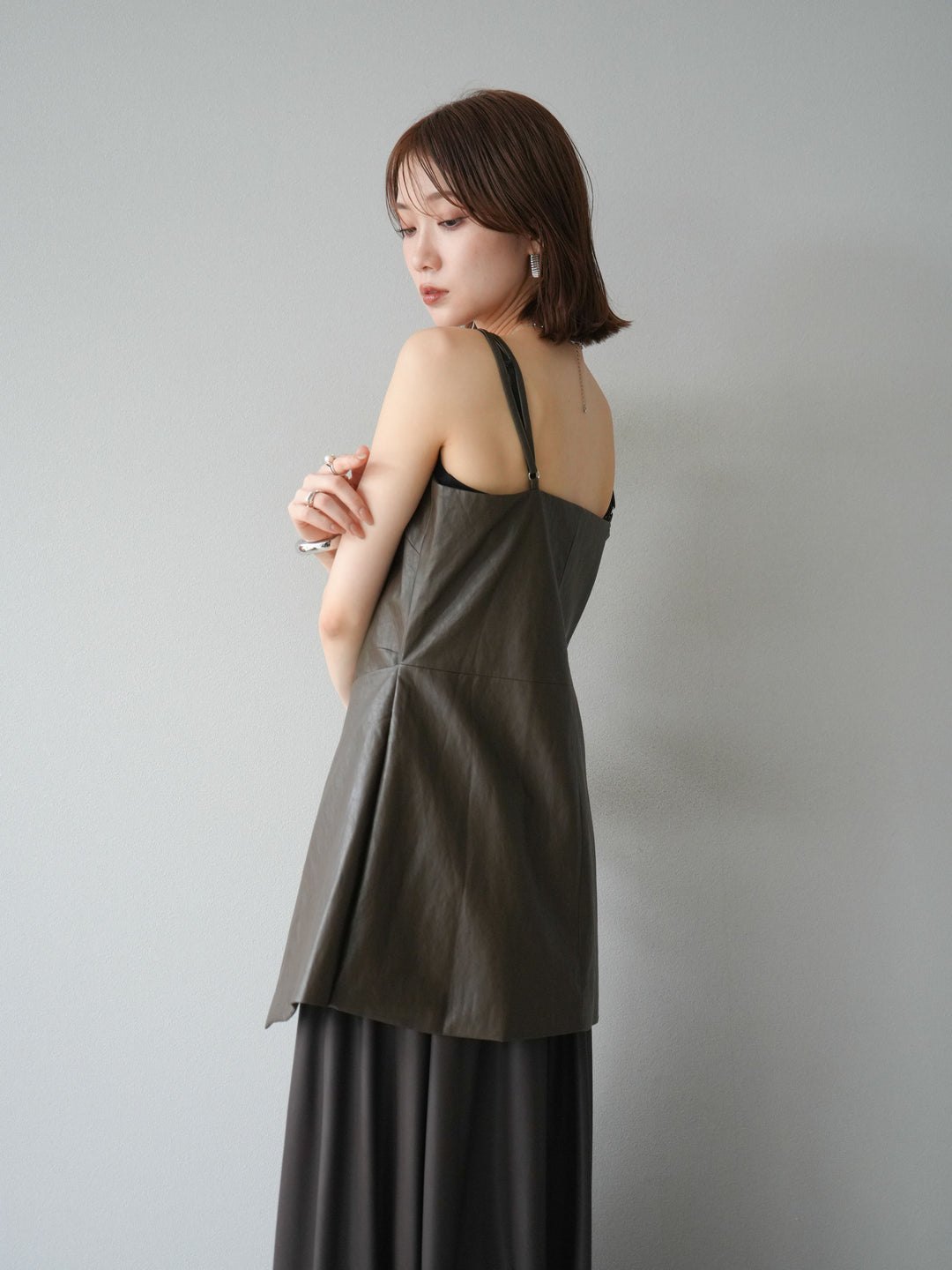 [予約]レイヤードレザーキャミソールチュニック/ブラウン