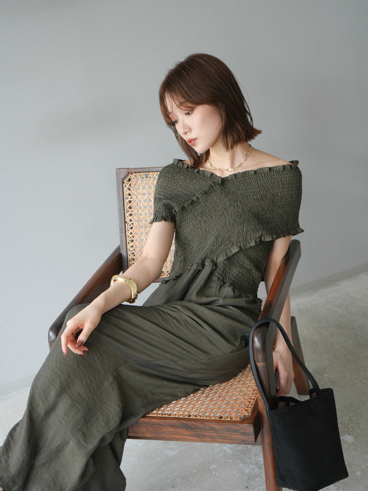 [予約]シャーリングクロスサロペット/カーキ