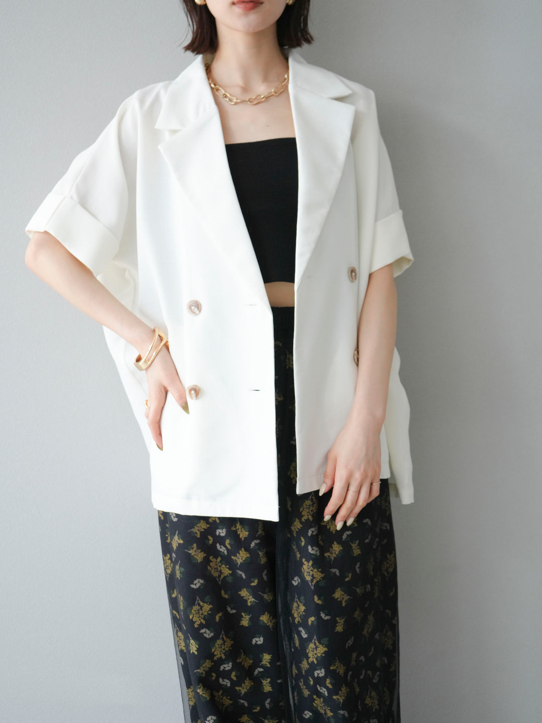 [SET]リネンライクハーフテーラードジャケット+コード刺繍チュールレイヤードパンツ(2set)