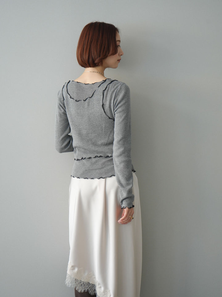 [SET]バイカラーメローアンサンブルシアーニットトップス+センターシームフレアパンツ+サテンライクアシメレーススカート(3set)