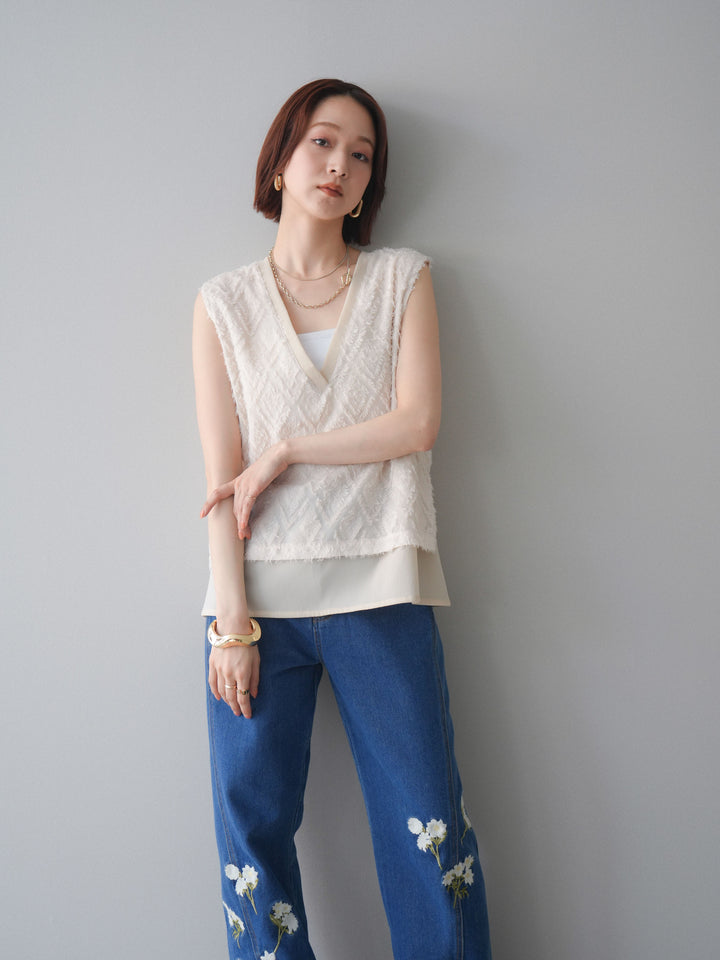 [SET]フリンジレイヤードVネックノースリーブ+フラワー刺繍ストレートデニム(2set)