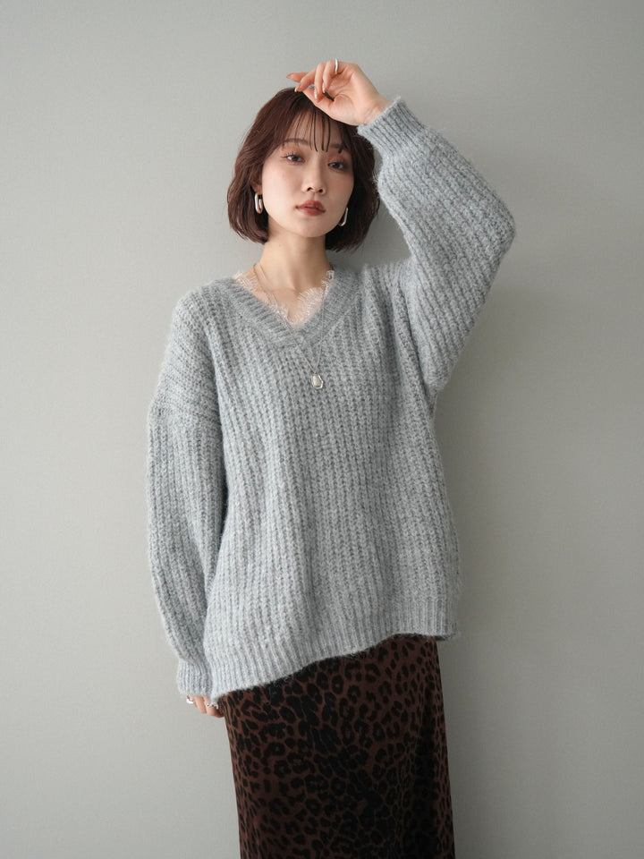 [予約]Vネックレースニットプルオーバー/gray