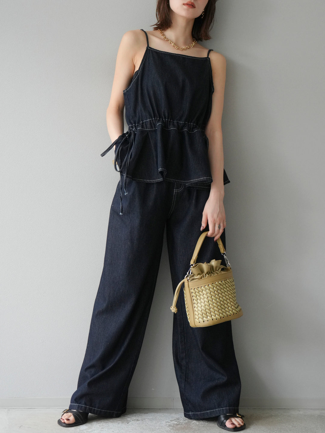 [SET]デニムタックフレアキャミソール＆イージーワイドパンツSET UP(2set)