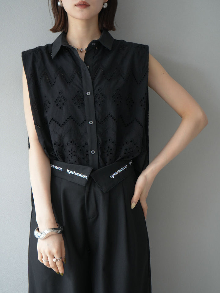 [予約]エンブロイダリーレースタックショルダーブラウス/ブラック