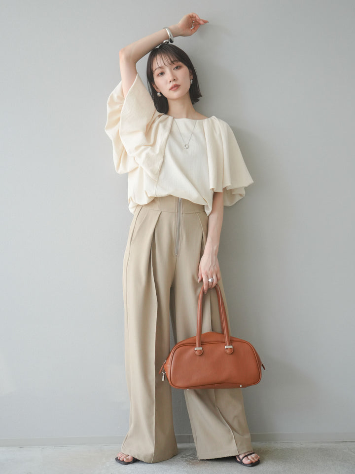 [SET] 燈籠袖褶襉設計上衣 + 拉鍊褶襉寬褲 (2 套)