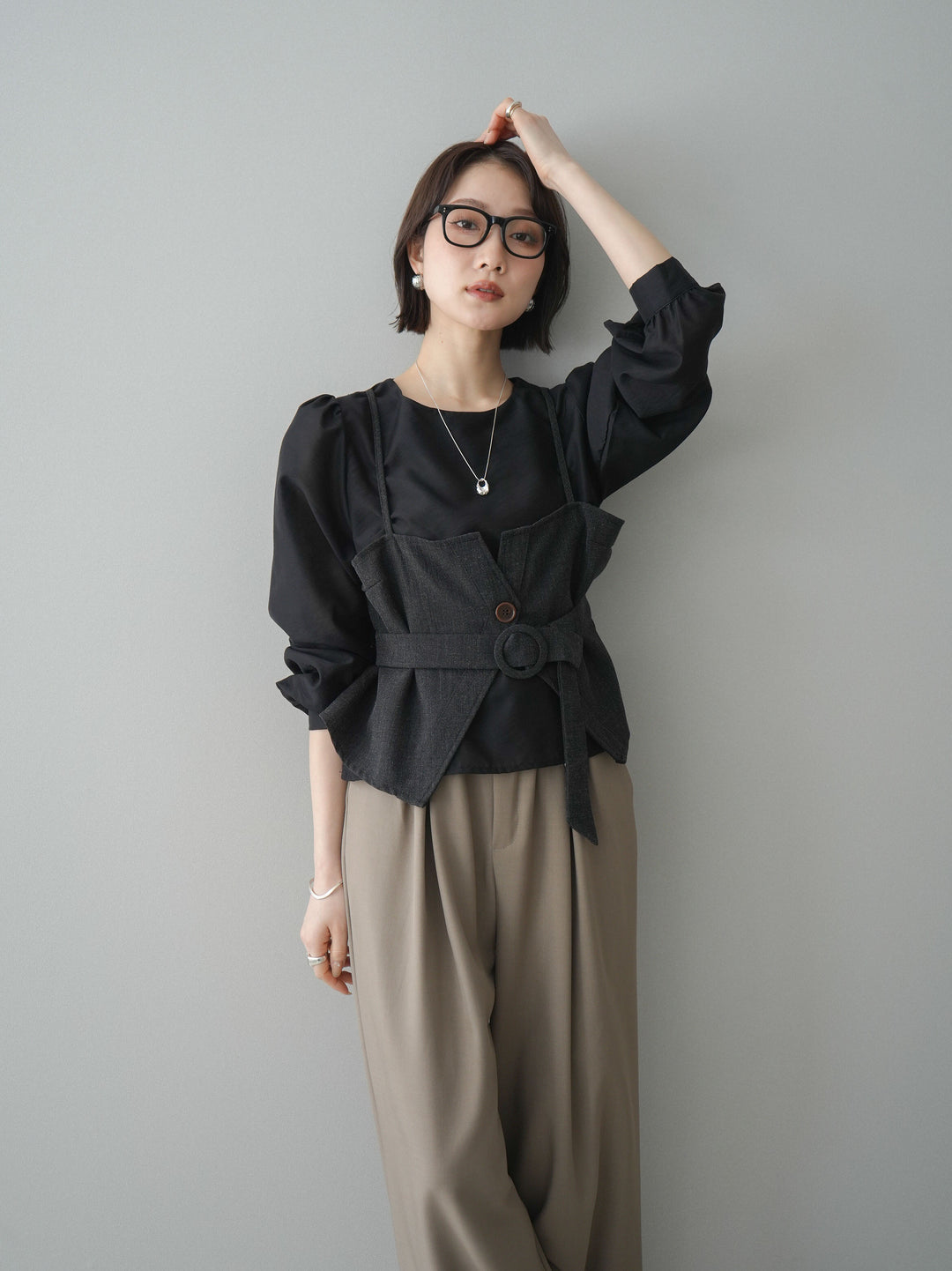 [SET]異素材ビスチェドッキングブラウス+異素材ビスチェドッキングブラウス(2set)