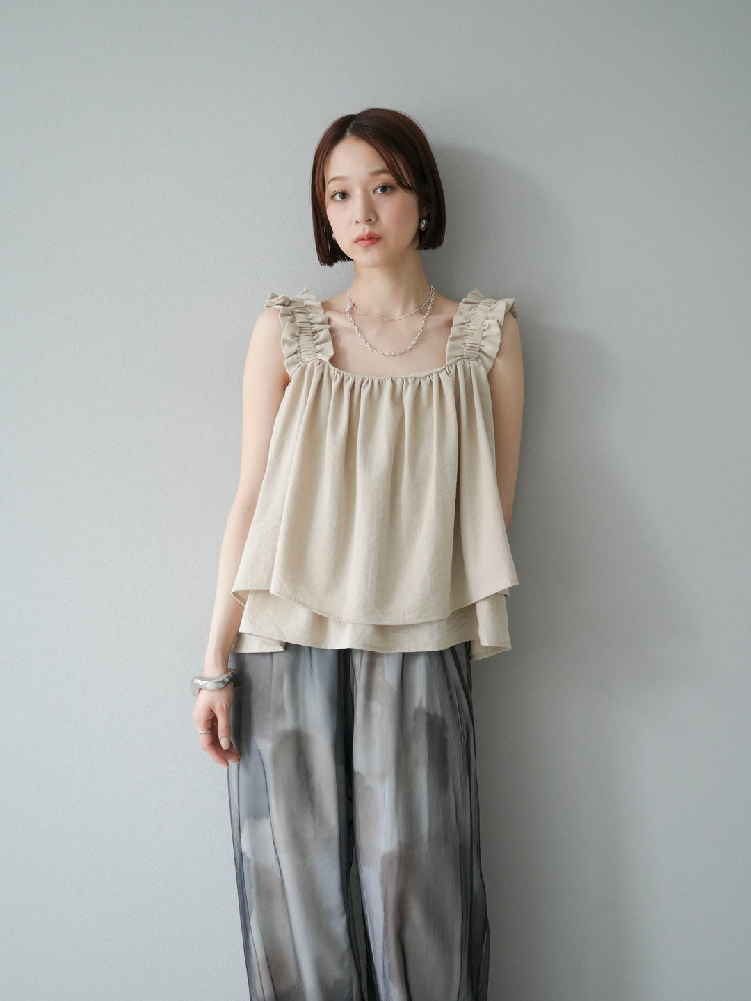 [SET] 縮肩喇叭背心 + 水彩藝術休閒褲 (2 件組)