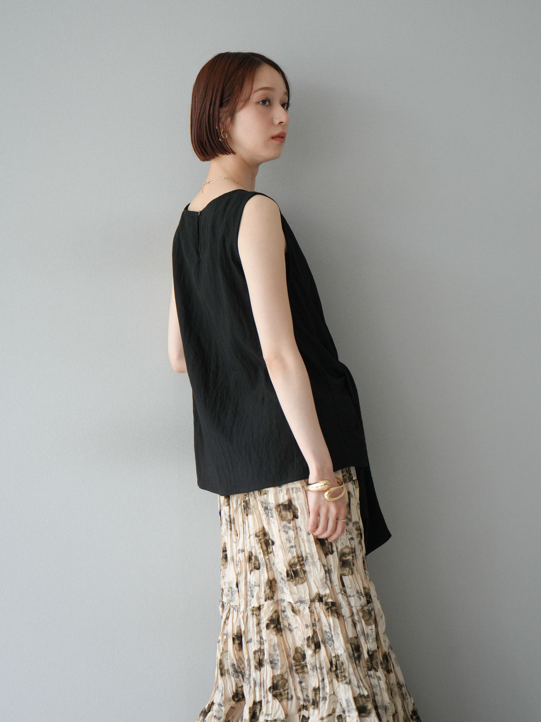 [SET]フロント巻きノースリーブブラウス+フラワーワッシャーロングスカート(2set)