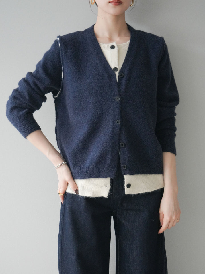 [予約]配色レイヤードニットカーディガン/navy