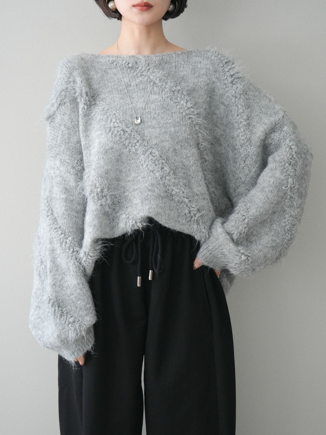 [SET]シャギーデザインニットプルオーバー+裾ZIPスエットワイドパンツ(2set)