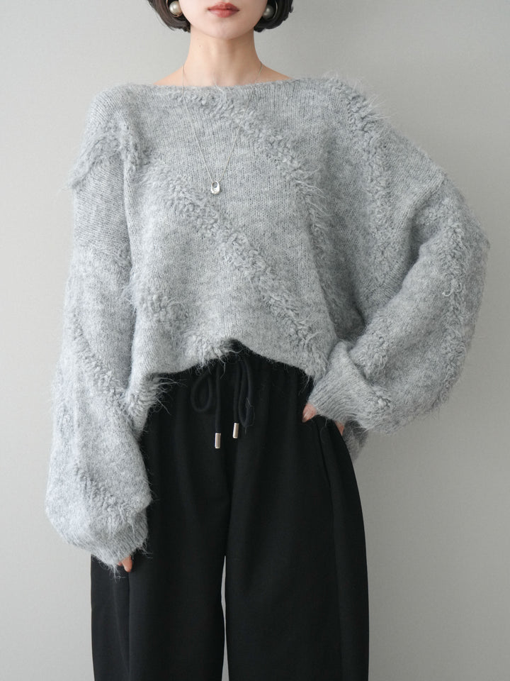 [SET]シャギーデザインニットプルオーバー+裾ZIPスエットワイドパンツ(2set)