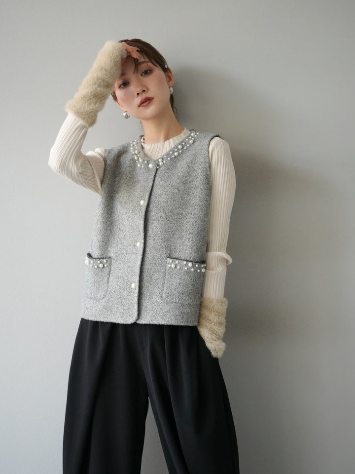 [予約]パールデザインツイードライクニットベスト/グレー