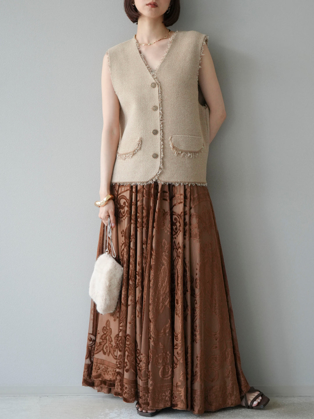 [予約]アンティーク柄フロッキーマキシスカート/ブラウン