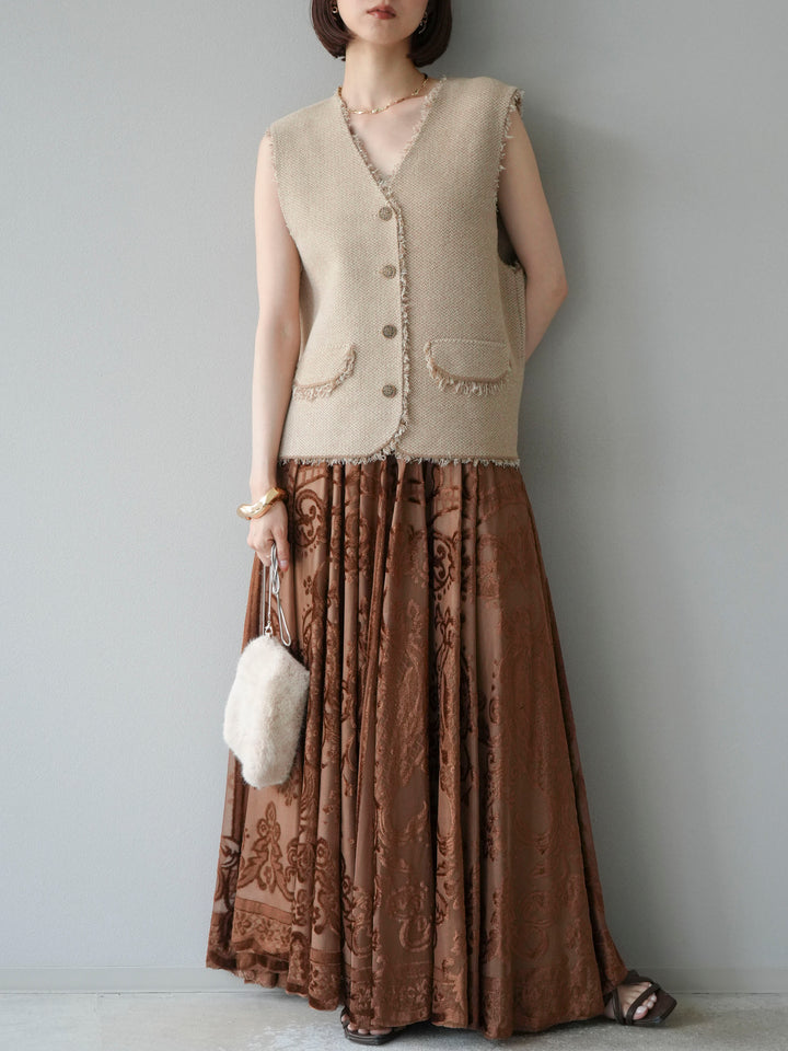 [予約]アンティーク柄フロッキーマキシスカート/ブラウン