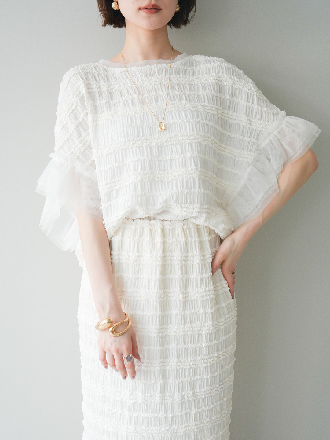 [SET]チュール袖リップルトップス+リップルIラインスカート(2set)