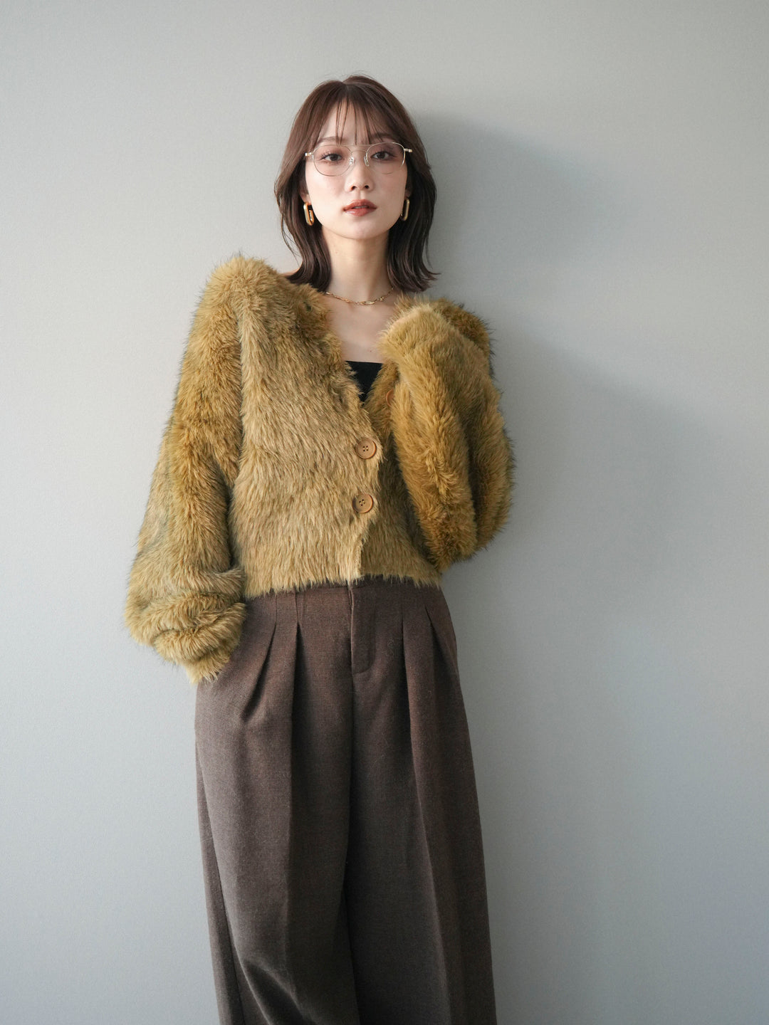 [予約]ミックスシャギーショートニットカーディガン/green