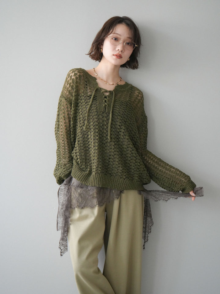 [予約]パネルメッシュニットトップス/khaki