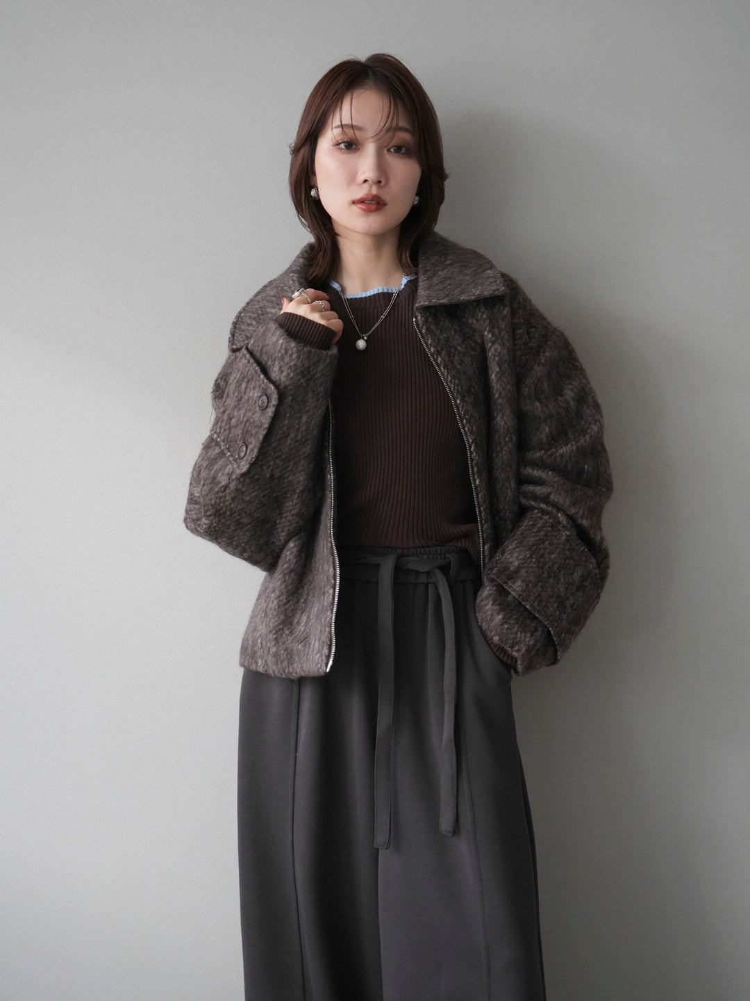 [予約]袖ビックループシャギージップブルゾン/brown