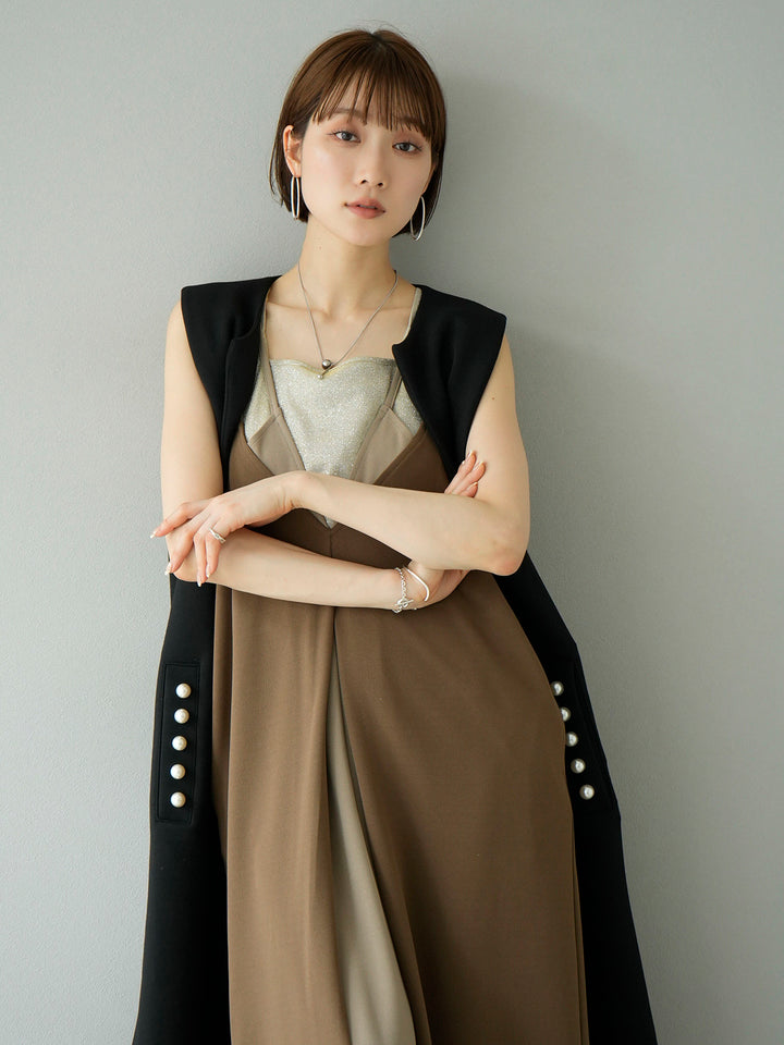 [SET] Bicolor layered design cami dress + pearl design ponte long gilet (2set)