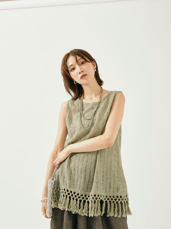 [予約]フリンジ透かし編みニットベスト/カーキ